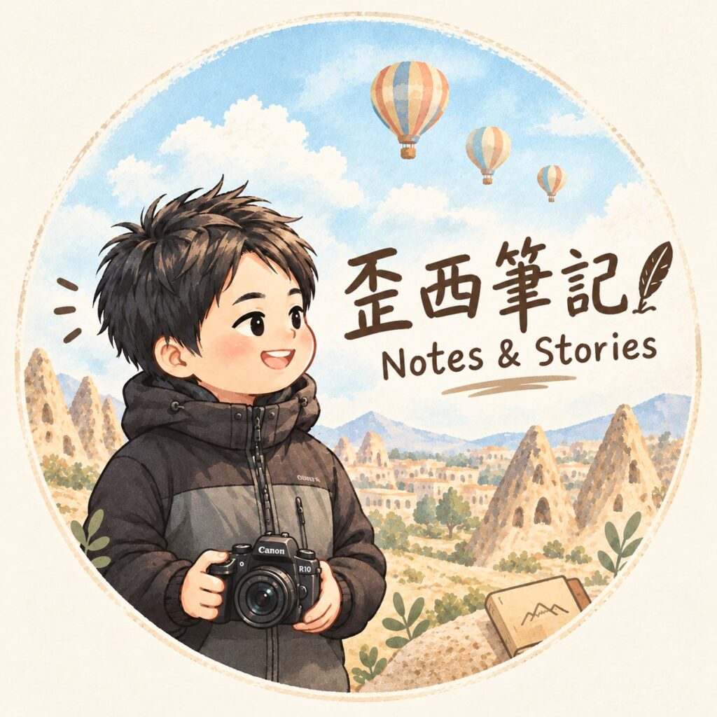 歪西筆記插畫：拿著相機的男孩站在卡帕多奇亞的熱氣球與奇石之間